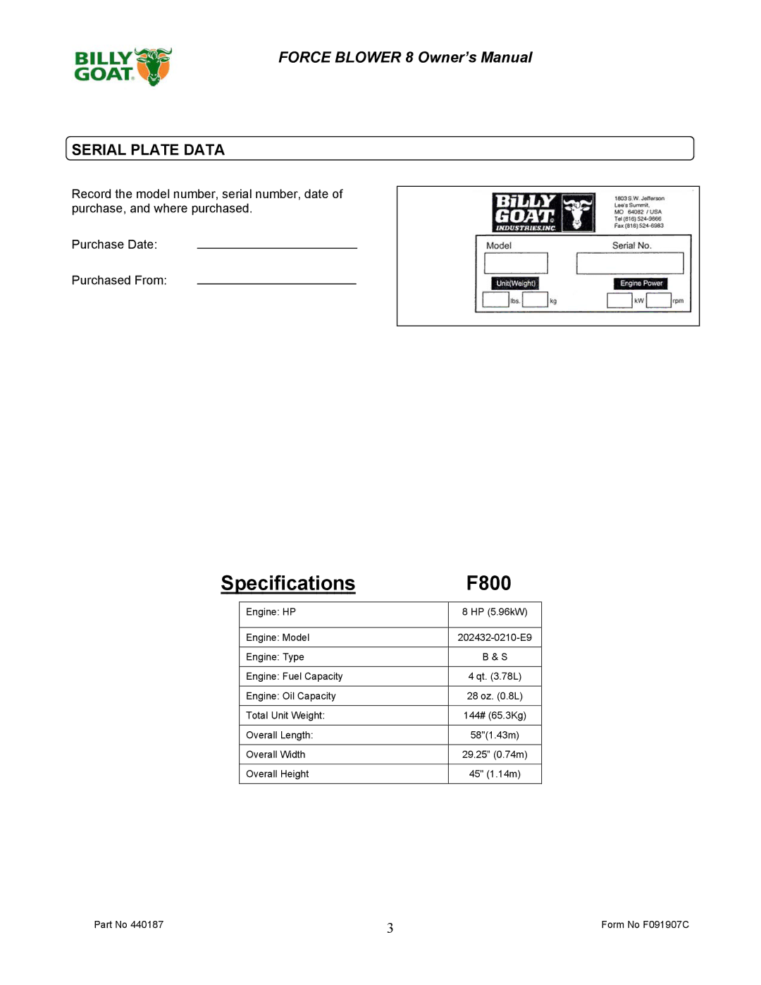 Billy Goat owner manual Specifications F800, Serial Plate Data 