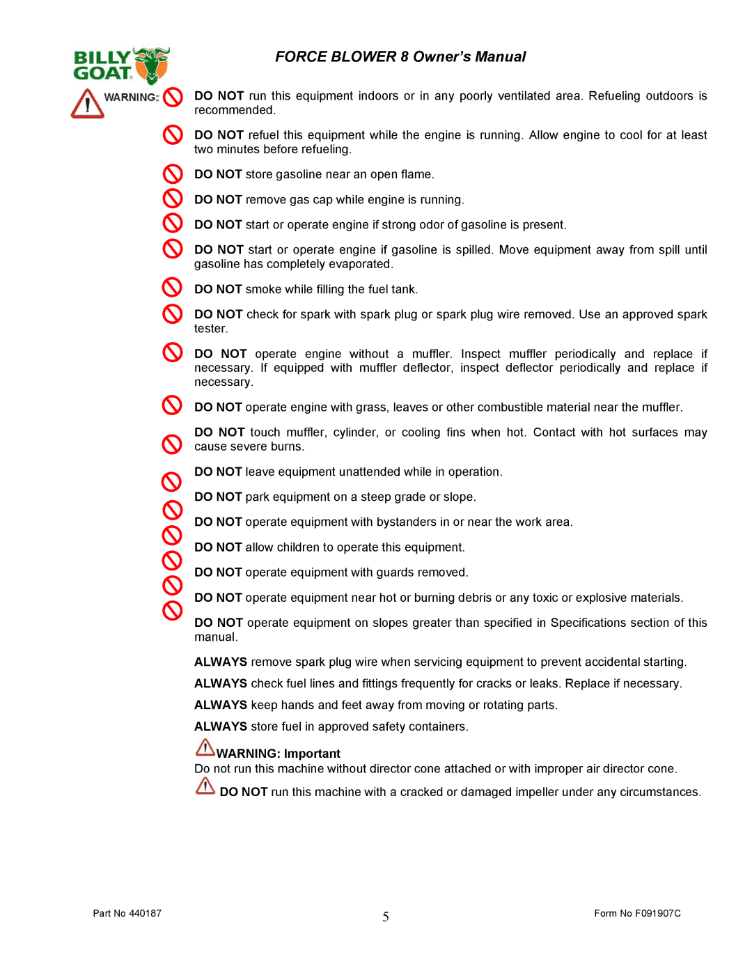 Billy Goat F800 owner manual Form No F091907C 