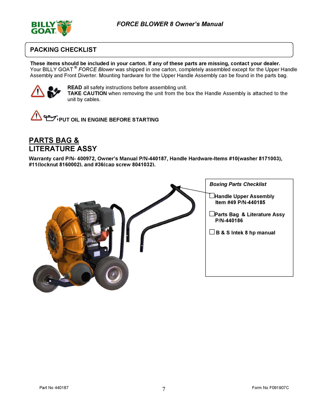 Billy Goat F800 owner manual Parts BAG Literature Assy, Packing Checklist 