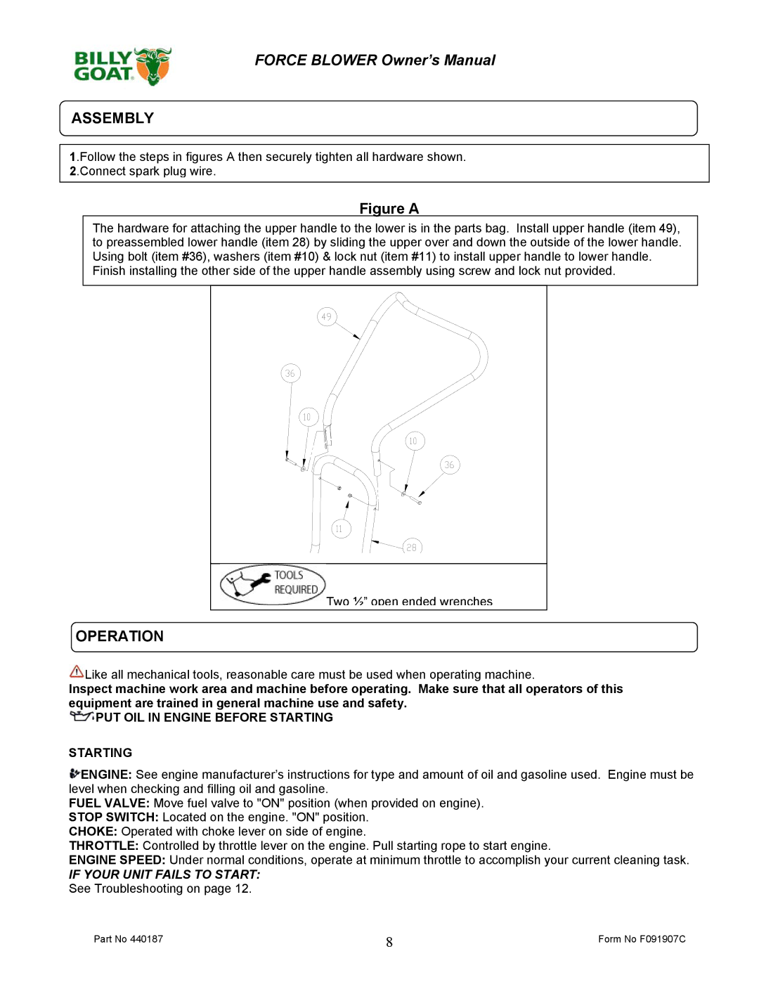 Billy Goat F800 owner manual Assembly, Operation 