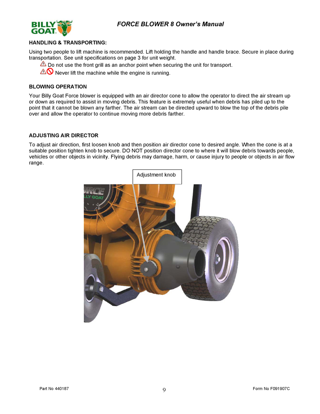 Billy Goat F800 owner manual Handling & Transporting 