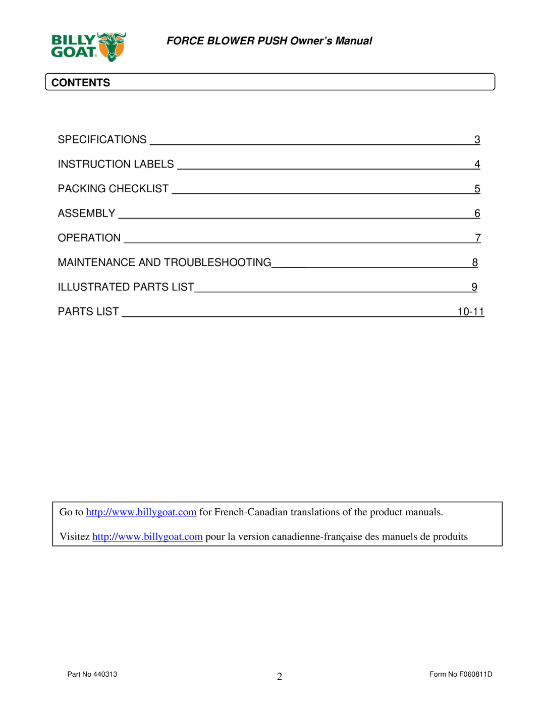 Billy Goat F902H, F902S, F1302H, F1802V owner manual Contents 