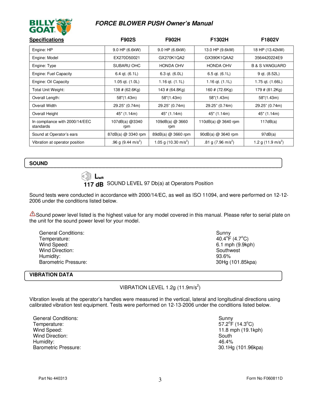 Billy Goat F1802V, F902S, F1302H, F902H owner manual Sound 