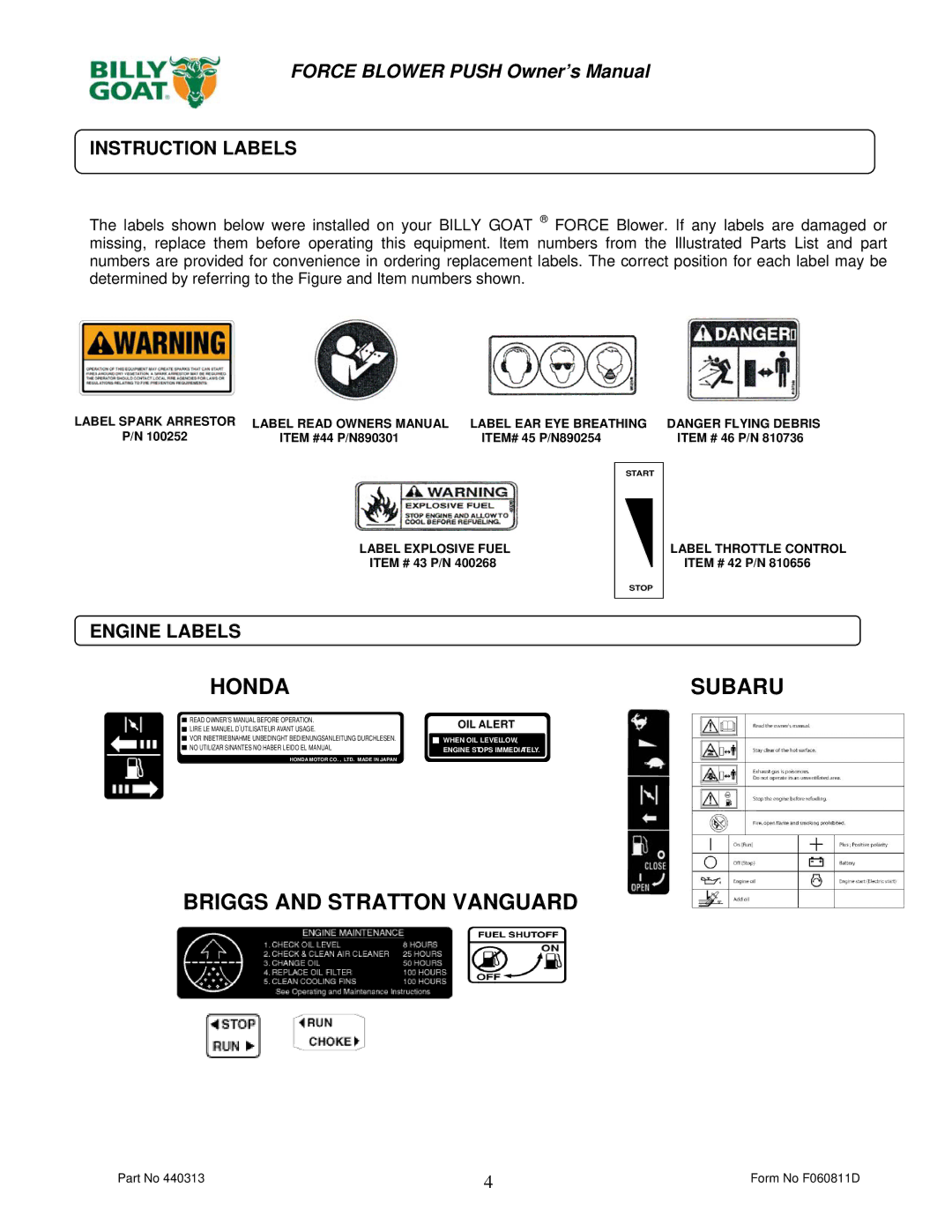 Billy Goat F902S, F1302H, F902H, F1802V owner manual Instruction Labels, Engine Labels 