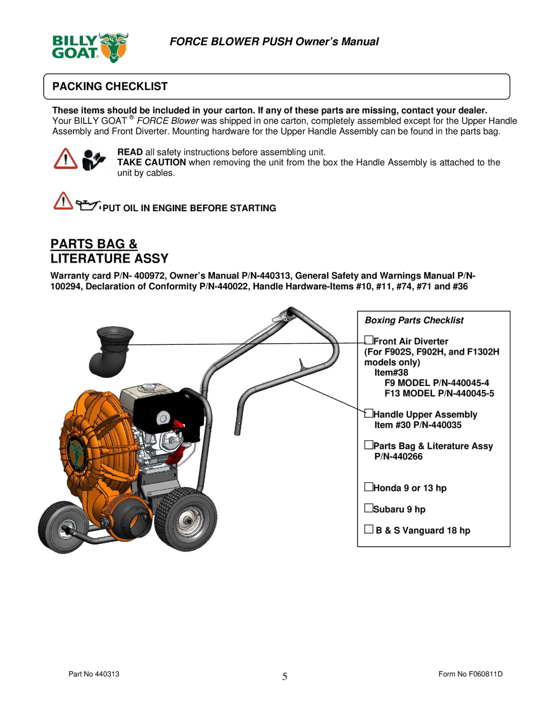 Billy Goat F1302H, F902S, F902H, F1802V owner manual Parts BAG Literature Assy, Packing Checklist 