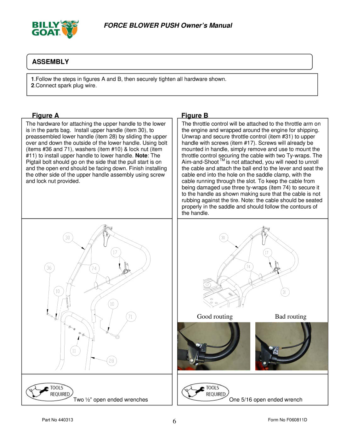 Billy Goat F902H, F902S, F1302H, F1802V owner manual Assembly, Good routing Bad routing 