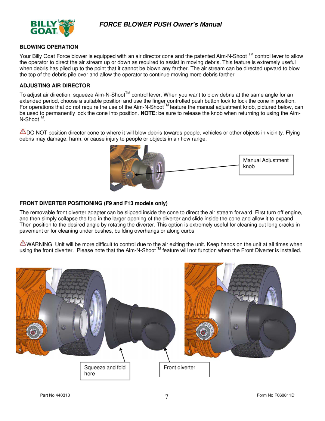 Billy Goat F1802V, F902S, F1302H, F902H owner manual Blowing Operation 