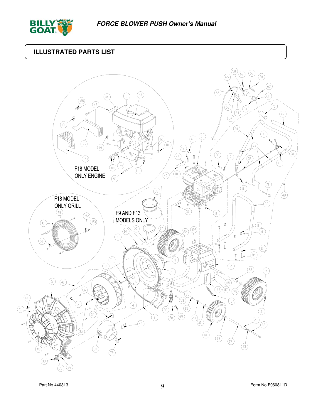 Billy Goat F1302H, F902S, F902H, F1802V owner manual Illustrated Parts List 