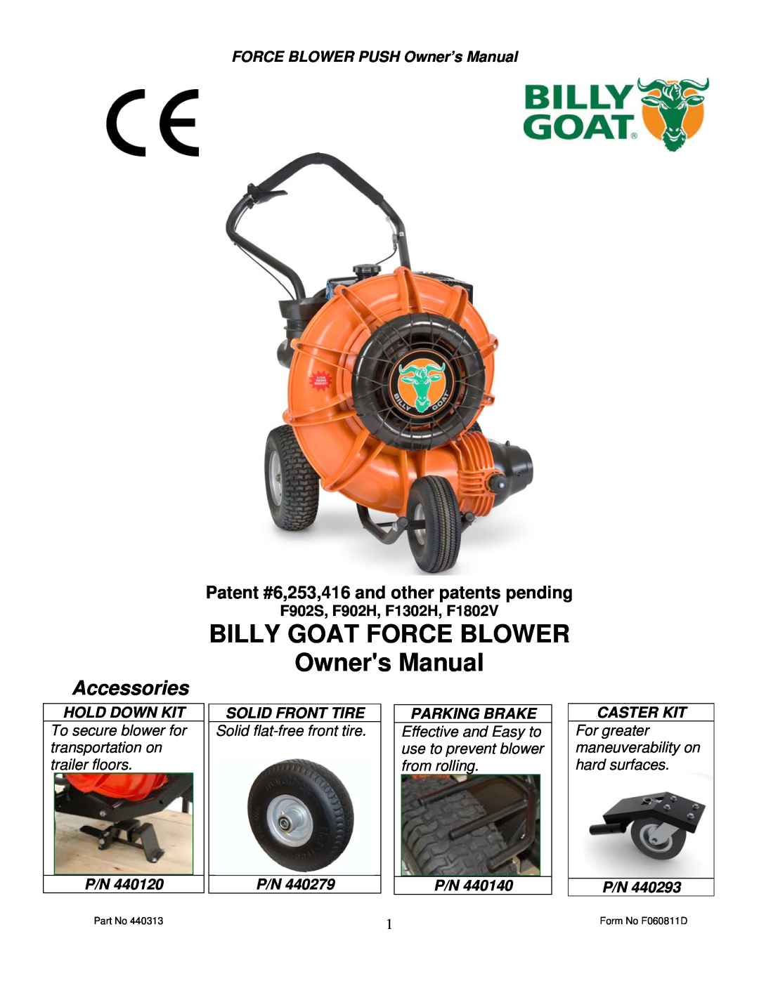 Billy Goat owner manual Patent #6,253,416 and other patents pending, F902S, F902H, F1302H, F1802V, Hold Down Kit 