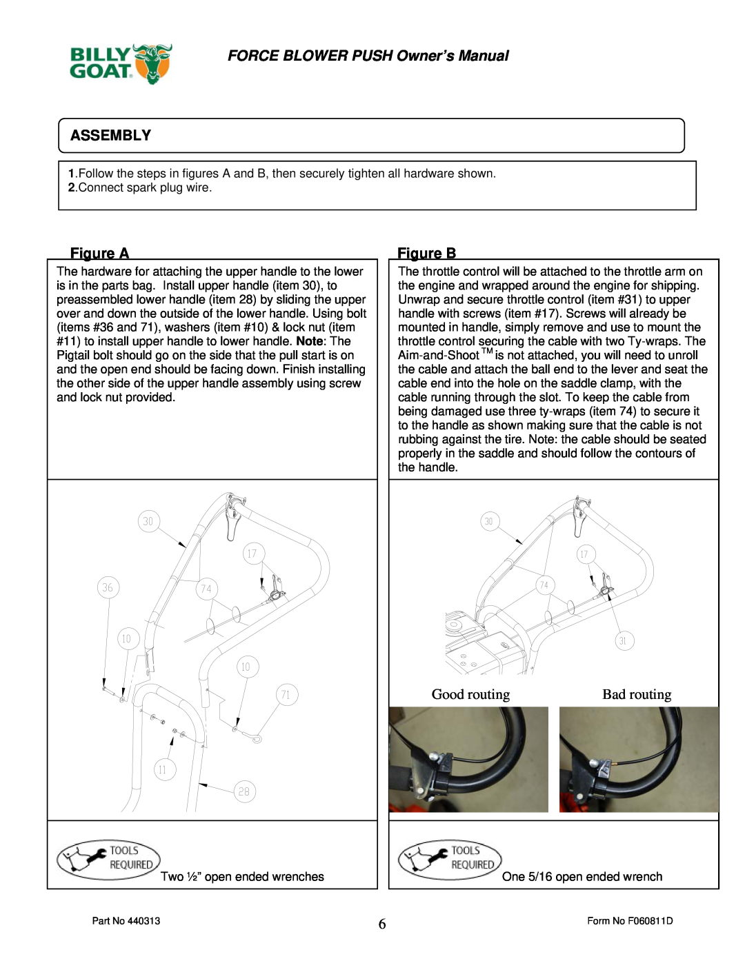 Billy Goat F902H, F902S, F1302H, F1802V owner manual Assembly, Figure A, Figure B, Good routing, Bad routing 