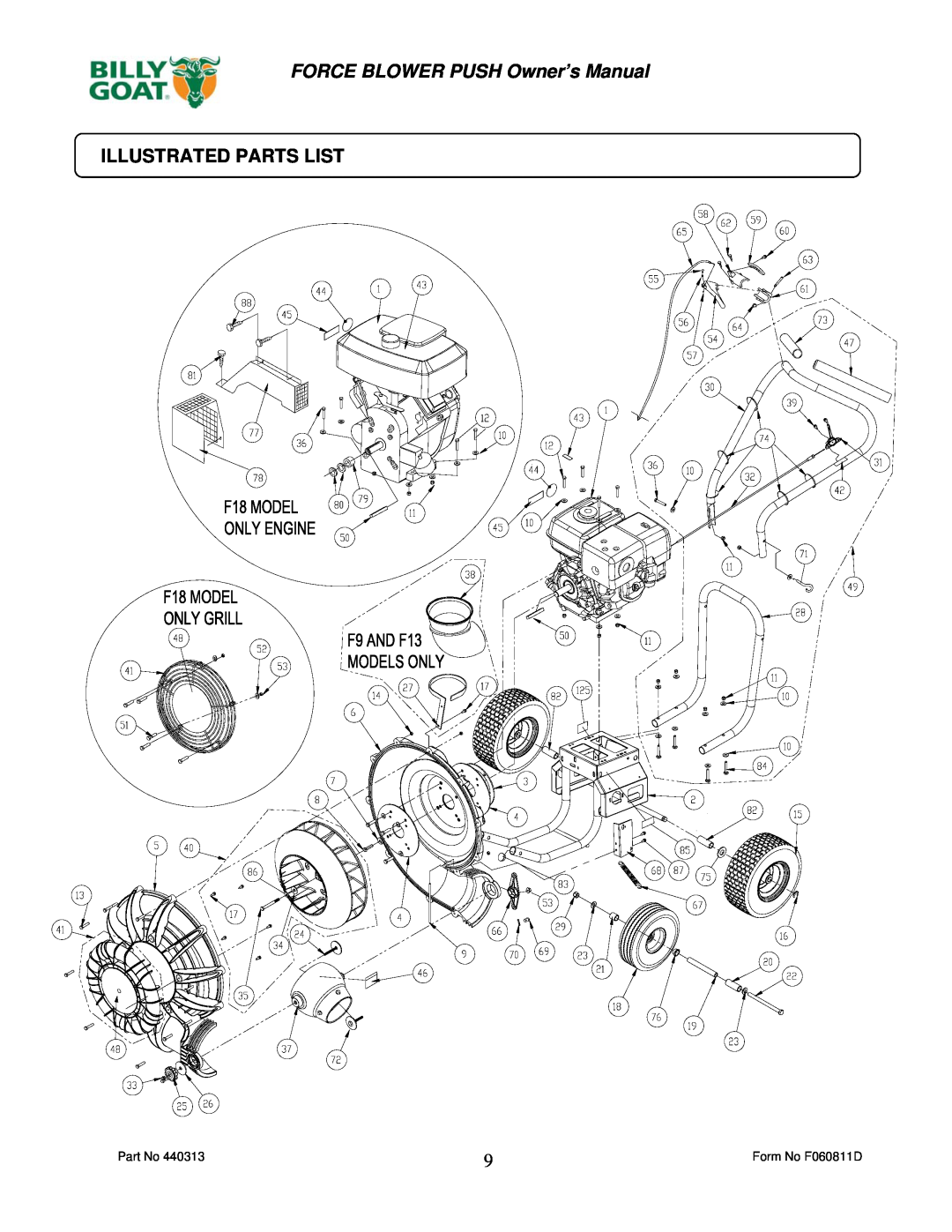 Billy Goat F1302H, F902S, F902H, F1802V owner manual Illustrated Parts List 