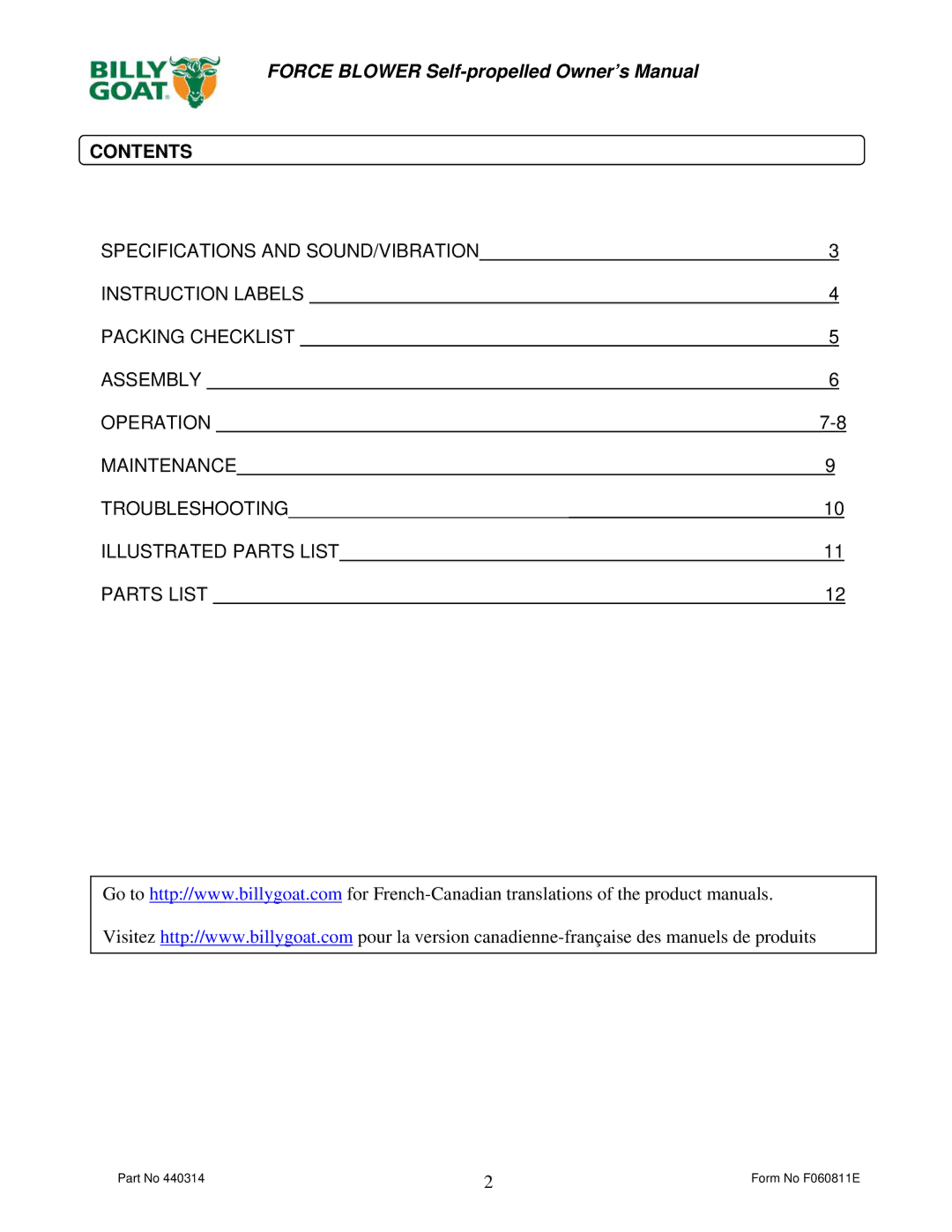 Billy Goat F1302SPH, F902SPS, F902SPH, F1802SPV owner manual Contents 