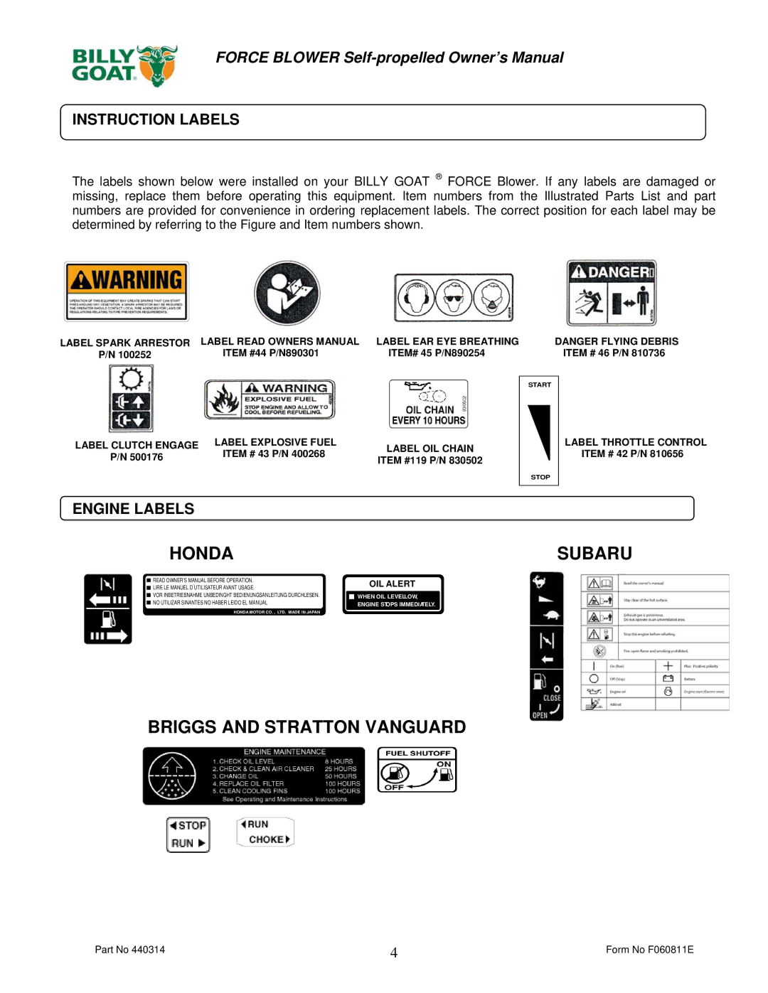 Billy Goat F902SPS, F902SPH, F1302SPH, F1802SPV owner manual Instruction Labels, Engine Labels 