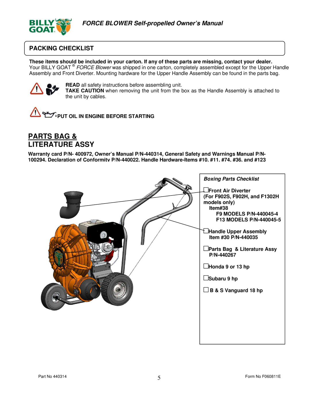 Billy Goat F902SPH, F902SPS, F1302SPH, F1802SPV owner manual Parts BAG Literature Assy, Packing Checklist 