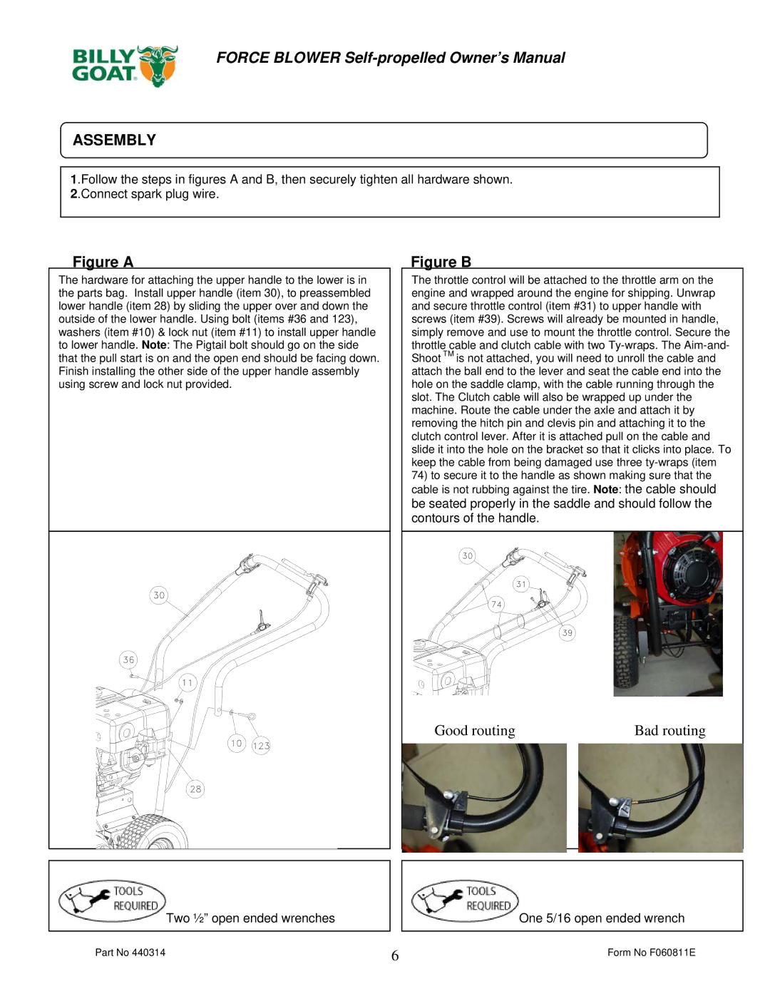 Billy Goat F1302SPH, F902SPS, F902SPH, F1802SPV owner manual Assembly, Two ½ open ended wrenches 