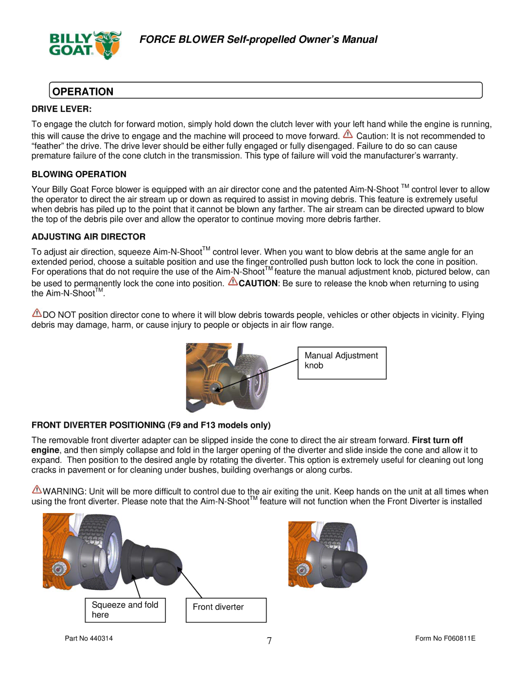 Billy Goat F1802SPV, F902SPS, F902SPH, F1302SPH owner manual Operation, Drive Lever 