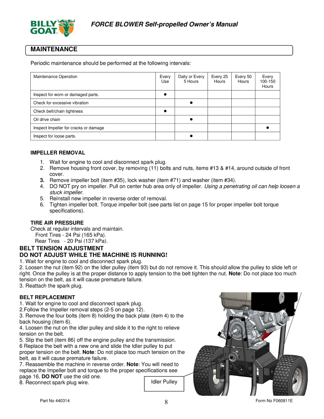 Billy Goat F902SPS, F902SPH, F1302SPH, F1802SPV owner manual Maintenance, Impeller Removal 