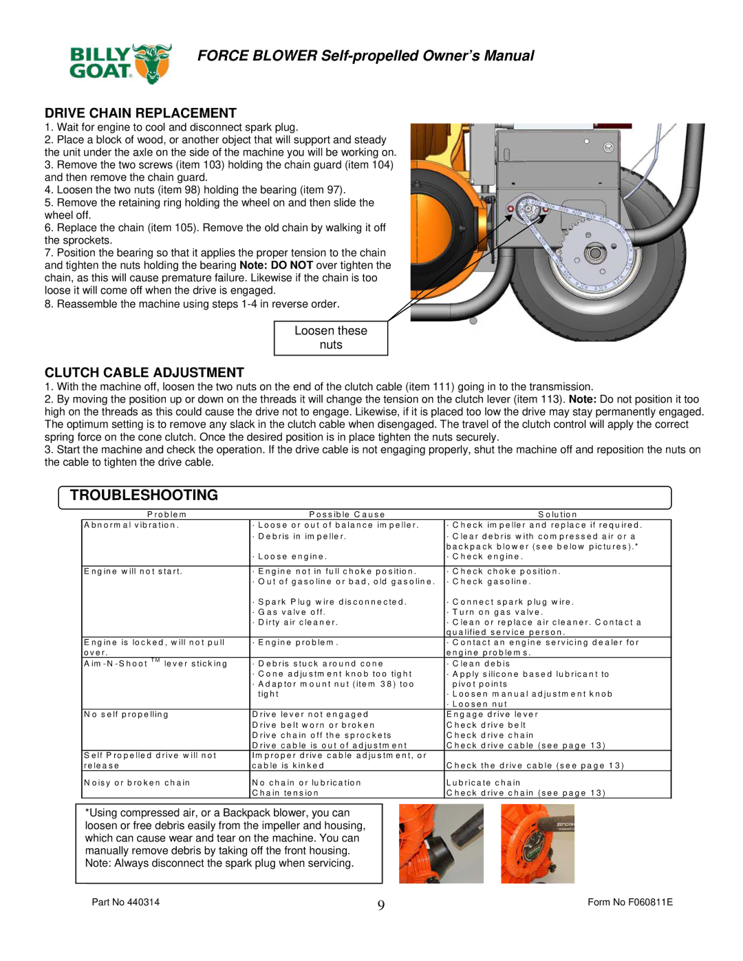 Billy Goat F902SPH, F902SPS, F1302SPH, F1802SPV owner manual Troubleshooting, Drive Chain Replacement 