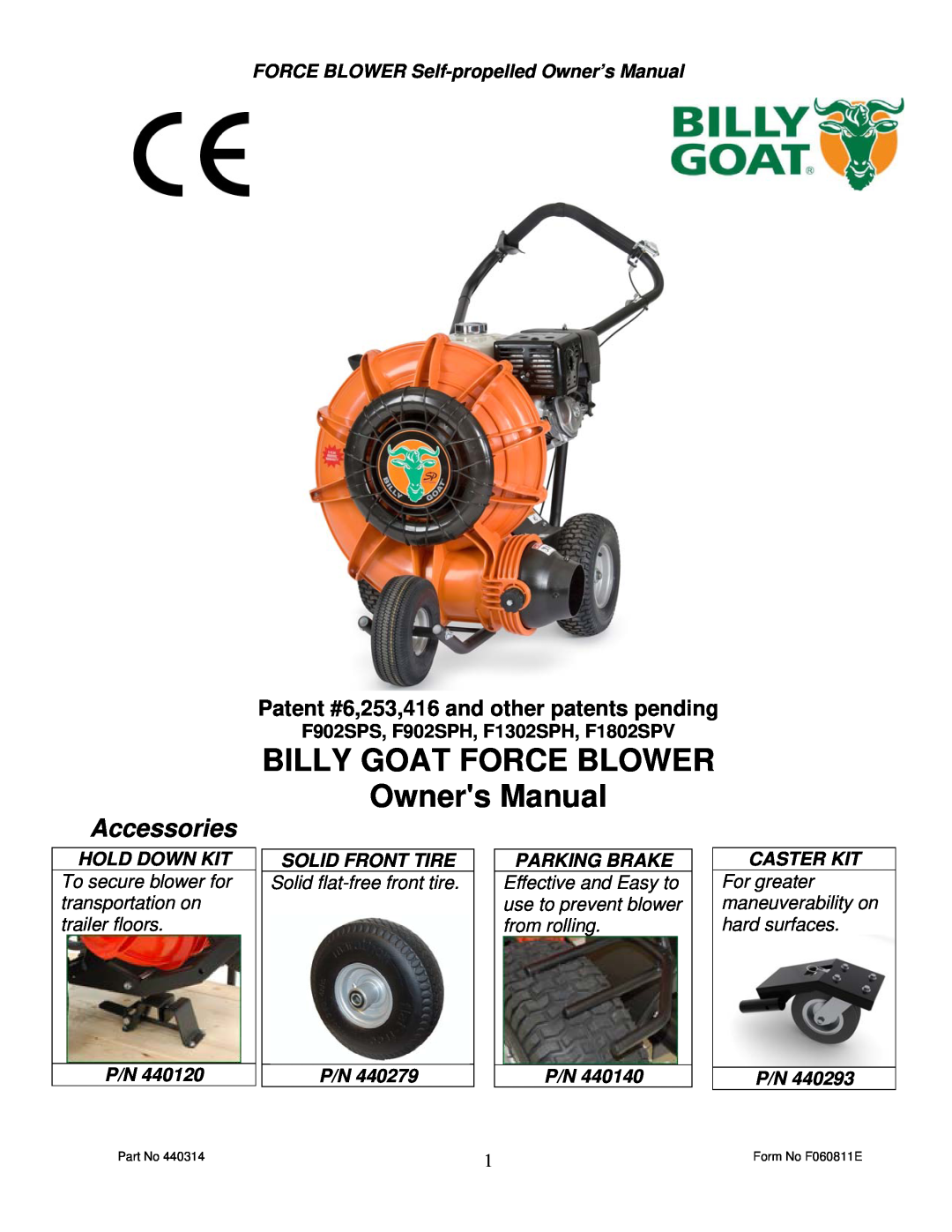 Billy Goat F902SPH owner manual Patent #6,253,416 and other patents pending, Hold Down Kit, Solid Front Tire, Caster Kit 