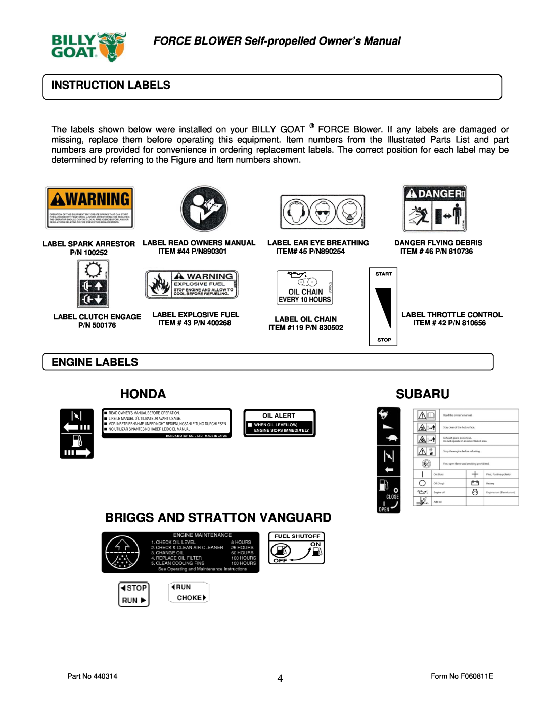 Billy Goat F902SPS, F902SPH, F1302SPH Honda, Subaru, Briggs And Stratton Vanguard, Instruction Labels, Engine Labels 