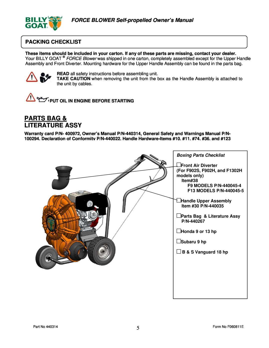 Billy Goat F902SPH, F902SPS Parts Bag Literature Assy, Packing Checklist, FORCE BLOWER Self-propelled Owner’s Manual 