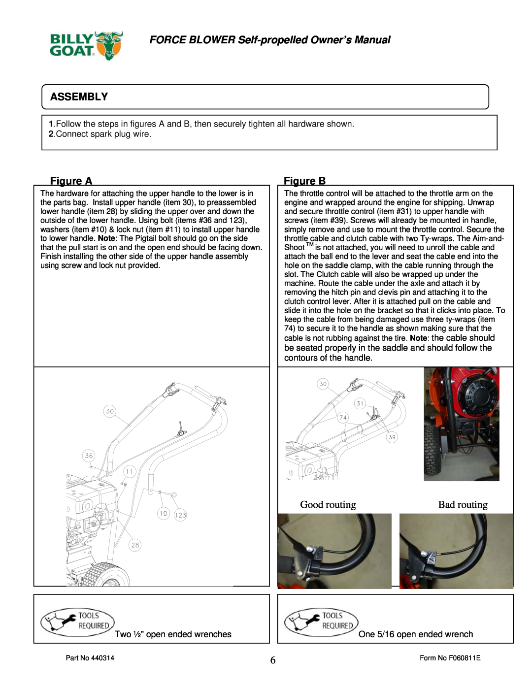 Billy Goat F1302SPH, F902SPS, F902SPH, F1802SPV owner manual Assembly, Figure A, Figure B, Good routing, Bad routing 