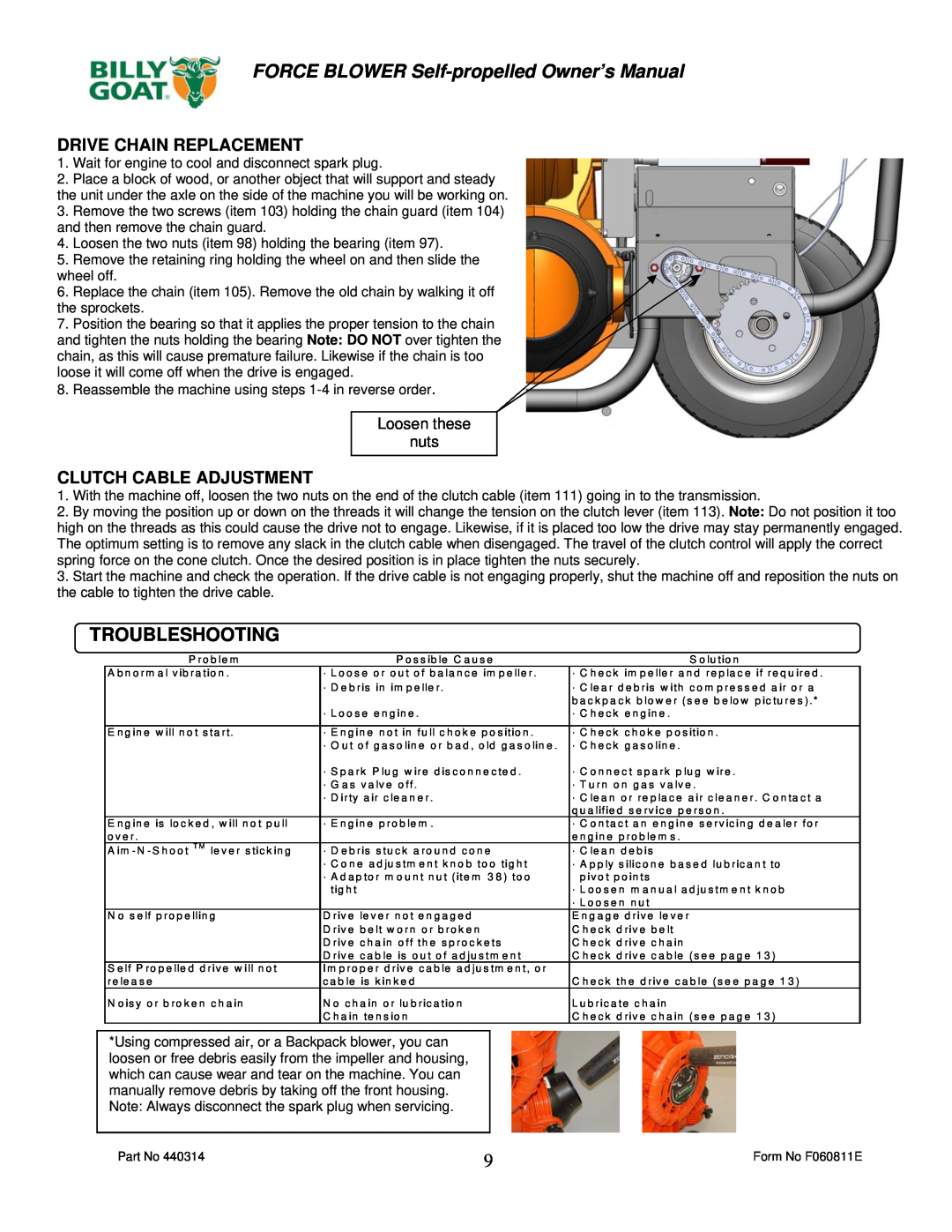 Billy Goat F902SPH, F902SPS, F1302SPH Troubleshooting, FORCE BLOWER Self-propelled Owner’s Manual, Drive Chain Replacement 