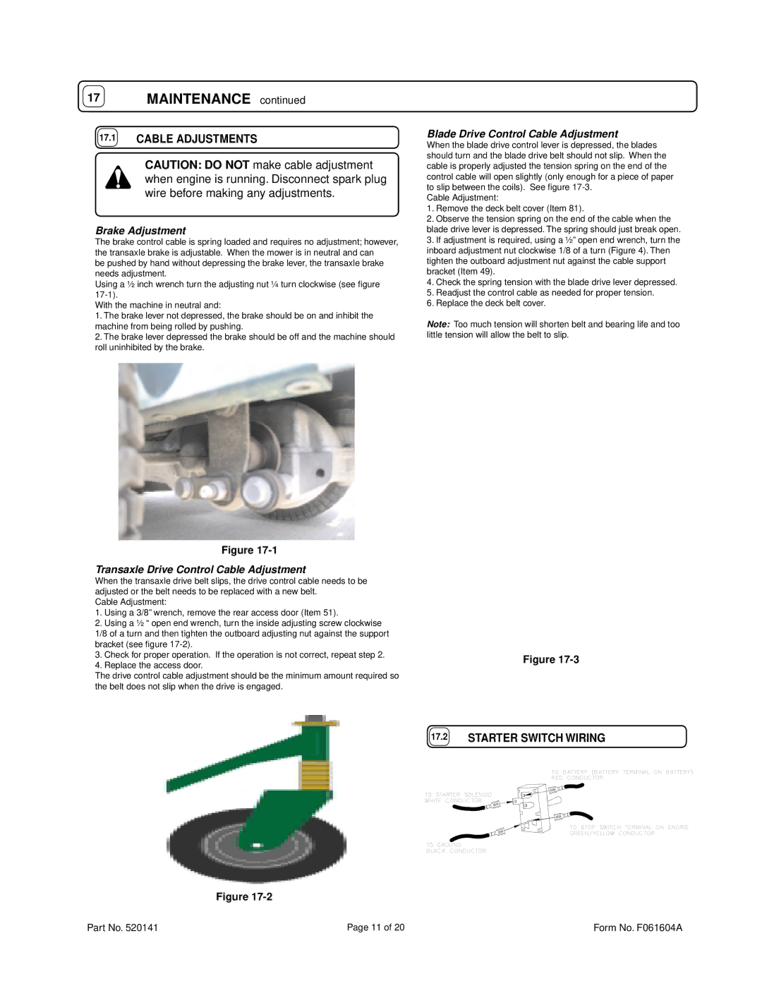 Billy Goat FM3300E owner manual Cable Adjustments, Starter Switch Wiring 