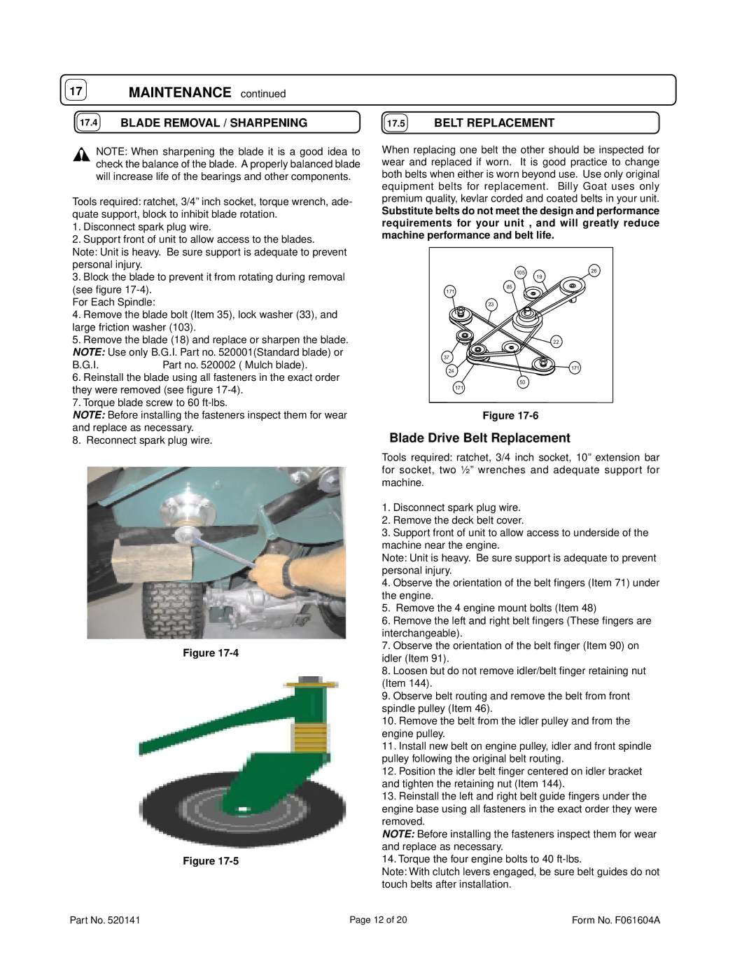 Billy Goat FM3300E owner manual Blade Removal / Sharpening, Belt Replacement 