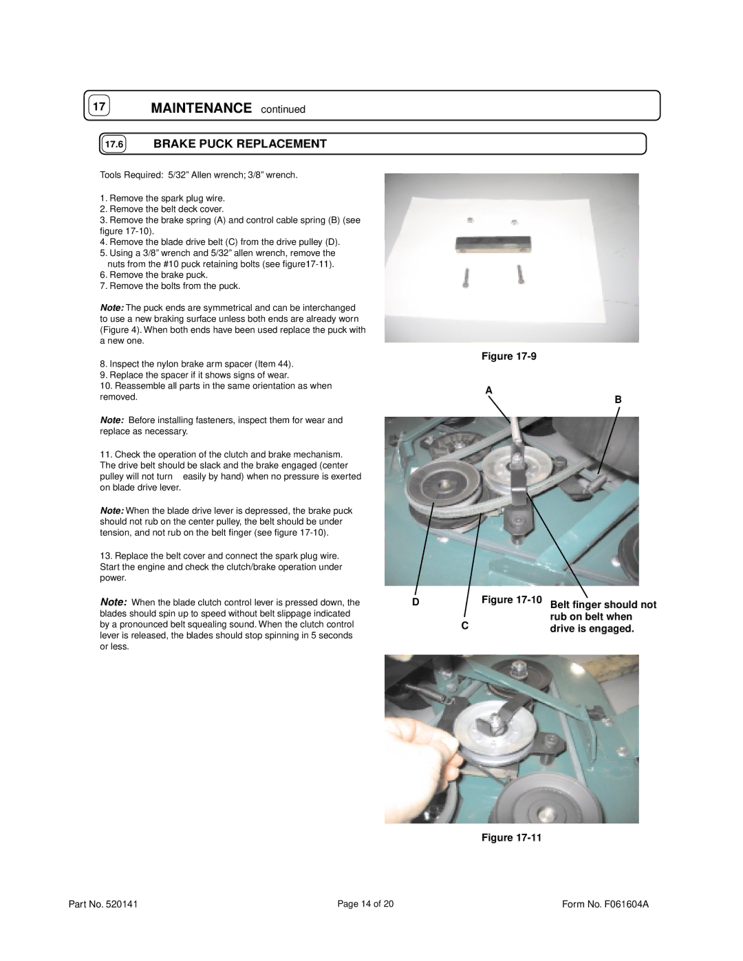 Billy Goat FM3300E owner manual Brake Puck Replacement 