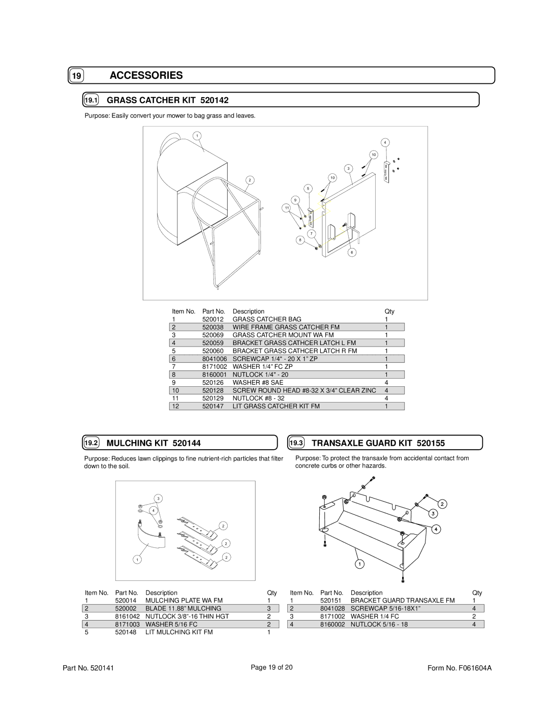 Billy Goat FM3300E owner manual Grass Catcher KIT, Transaxle Guard KIT 