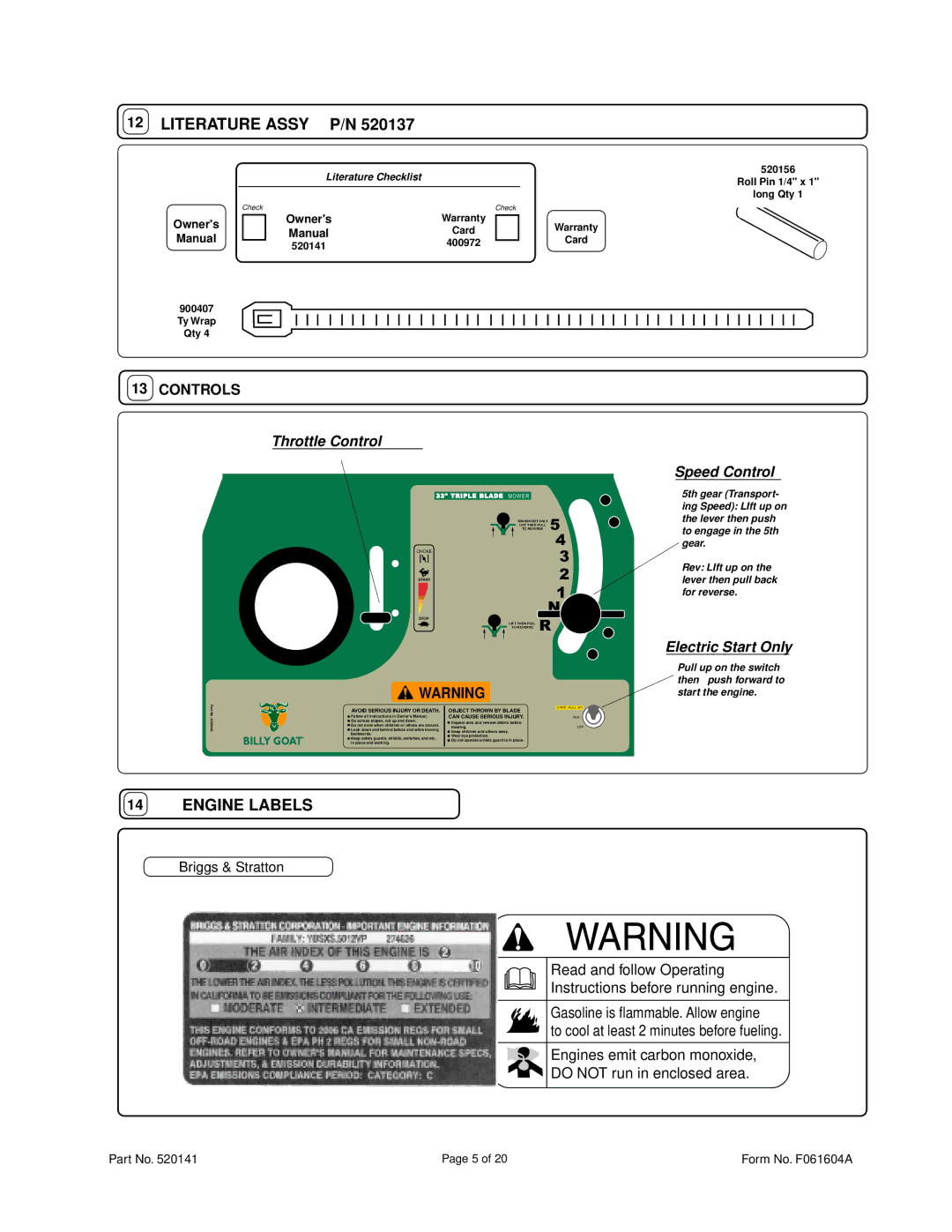 Billy Goat FM3300E owner manual Literature Assy P/N, Controls 