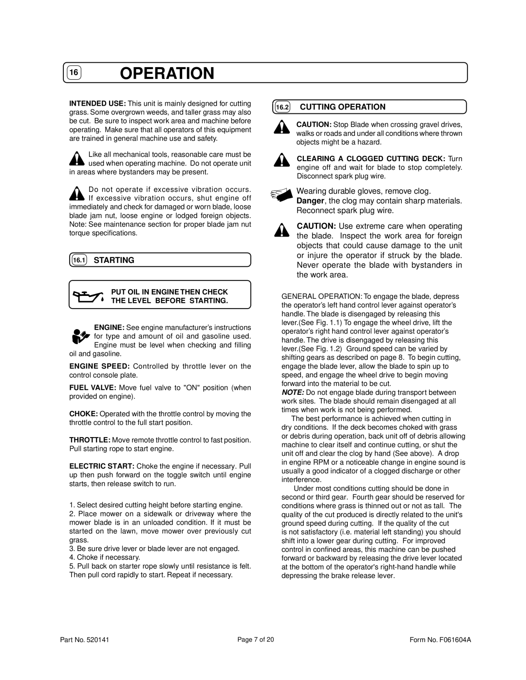 Billy Goat FM3300E owner manual Starting, Cutting Operation 