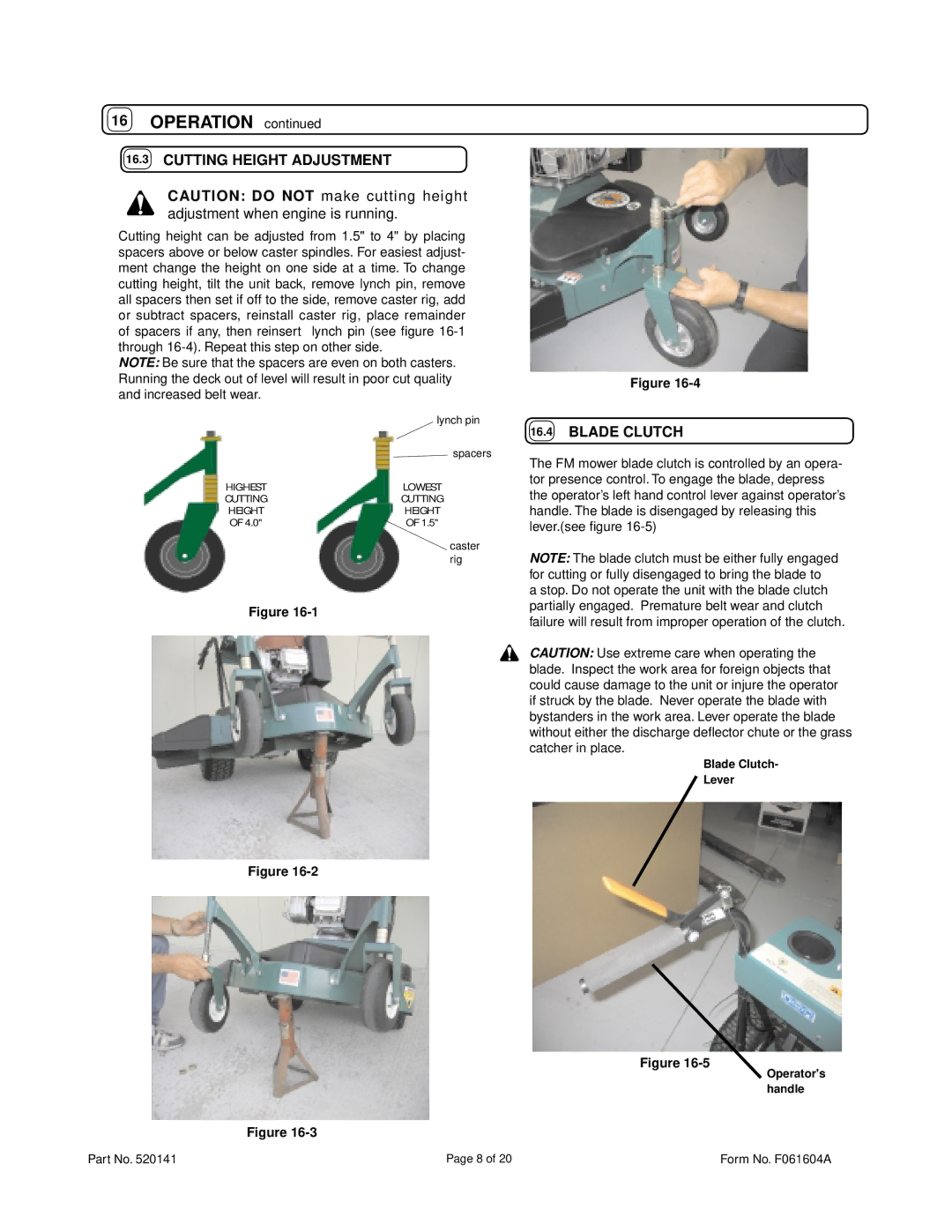 Billy Goat FM3300E owner manual Cutting Height Adjustment, Blade Clutch 