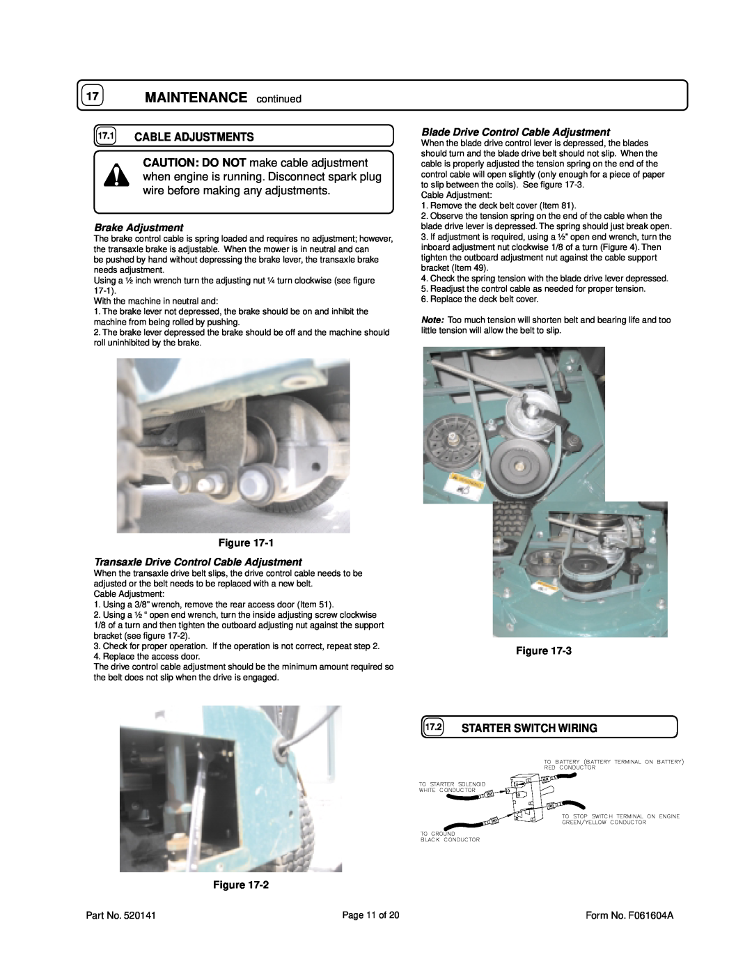 Billy Goat FM3300E owner manual MAINTENANCE continued, Cable Adjustments, Starter Switch Wiring, Brake Adjustment 