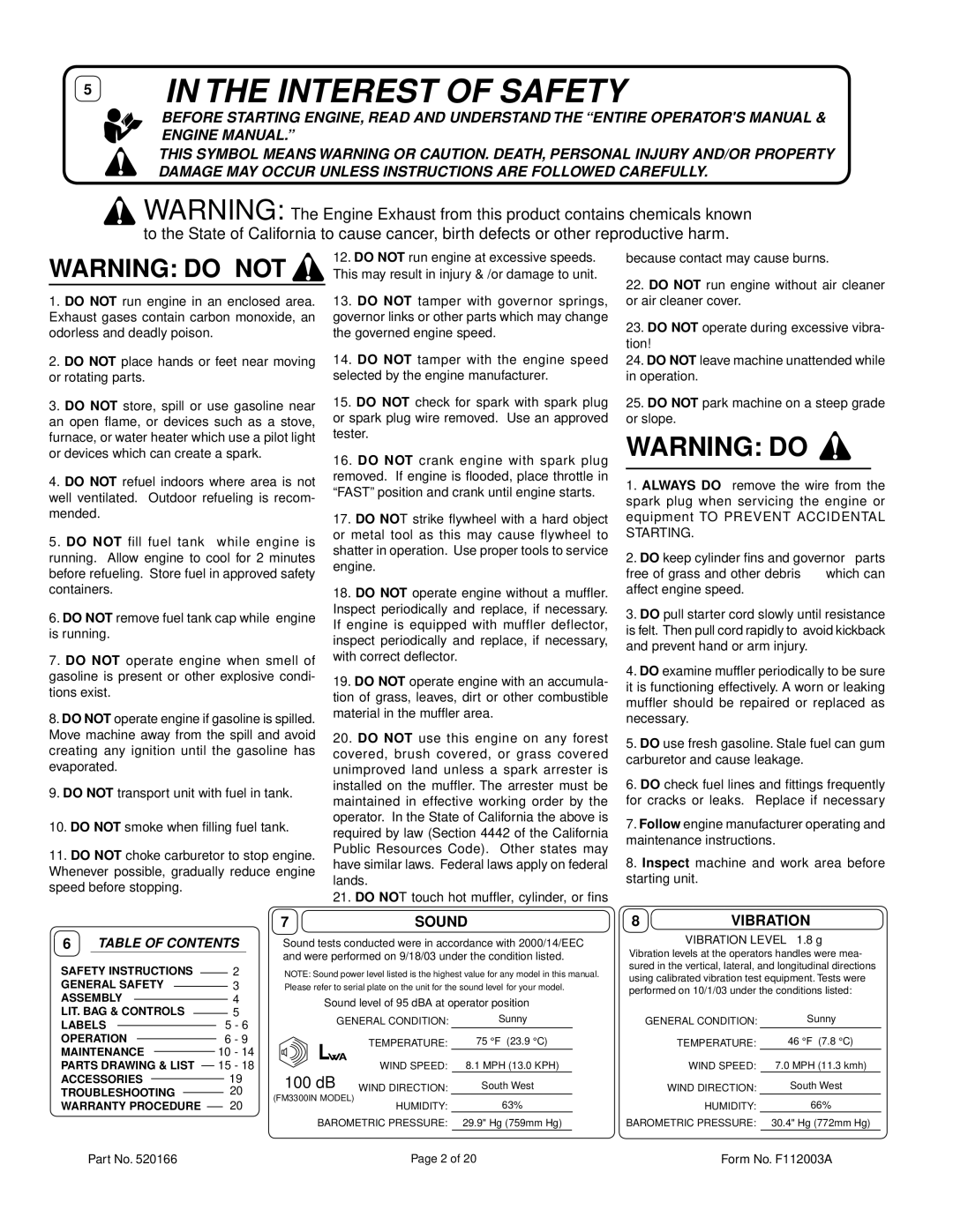 Billy Goat FM3300IN, FM3300INE owner manual 7SOUND, 8VIBRATION 