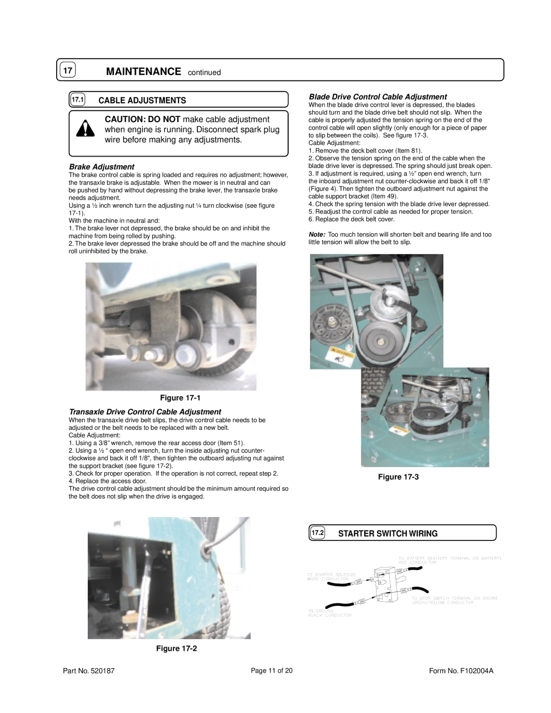 Billy Goat FM3301E owner manual Cable Adjustments, Starter Switch Wiring 