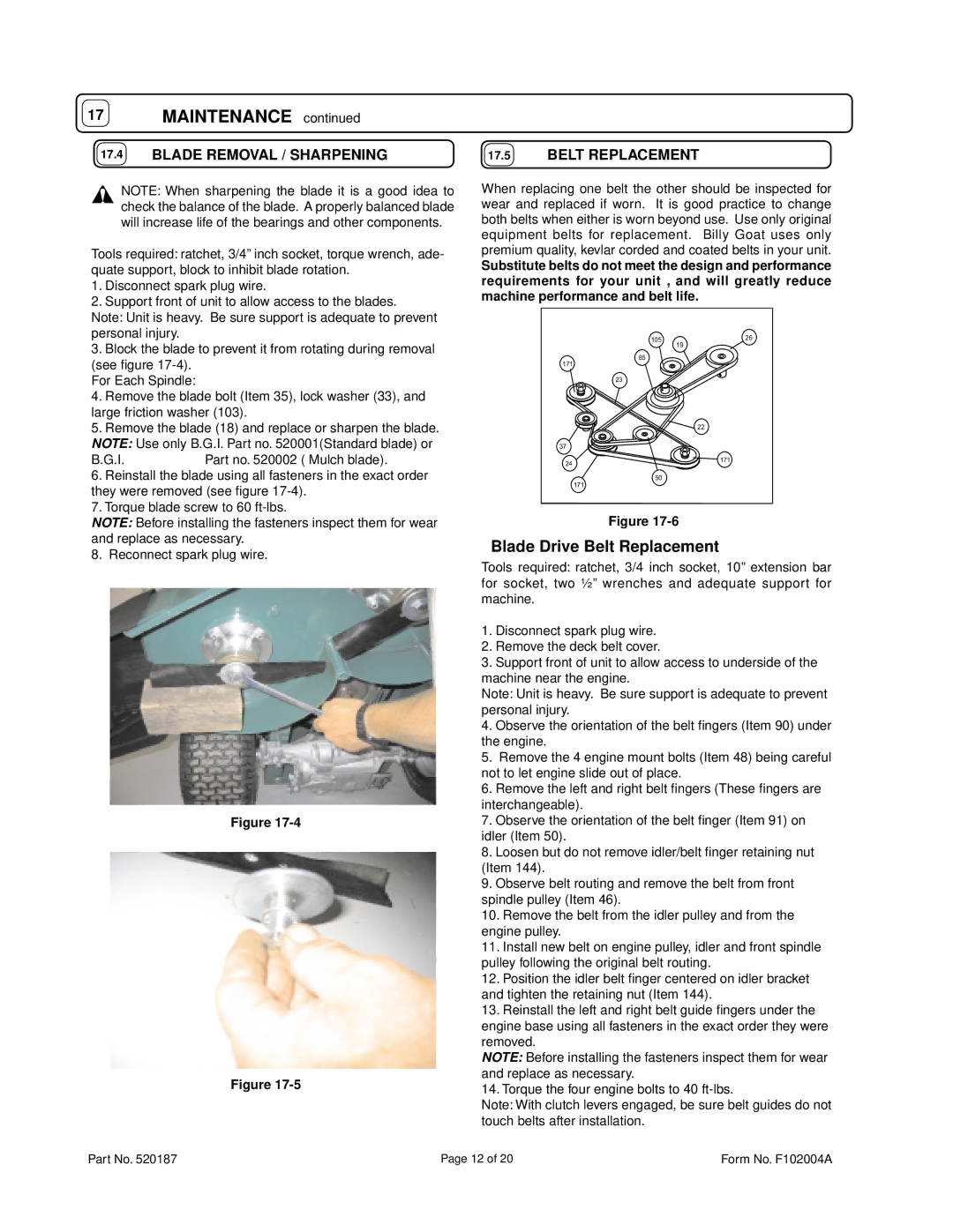 Billy Goat FM3301E owner manual Blade Removal / Sharpening, Belt Replacement 