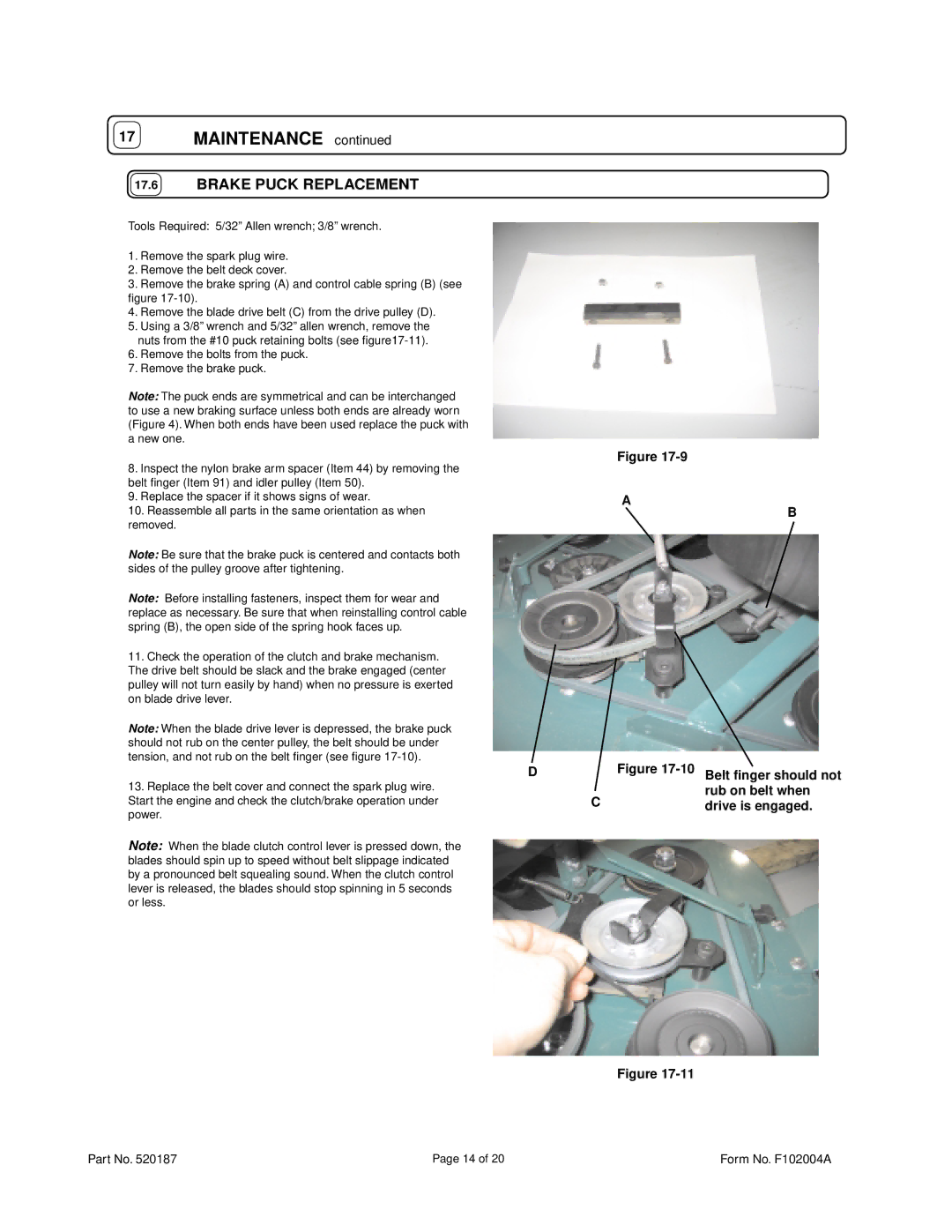 Billy Goat FM3301E owner manual Brake Puck Replacement 