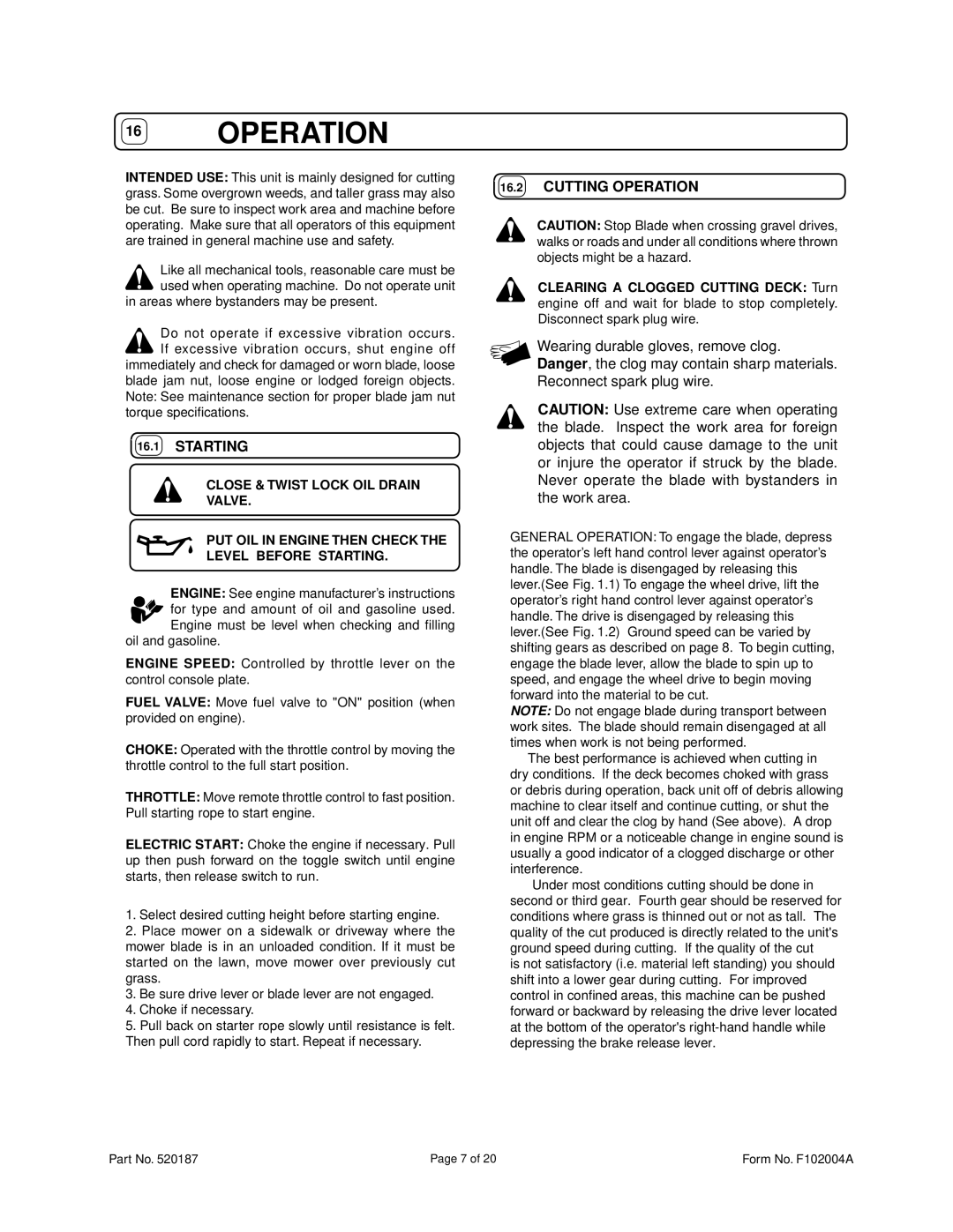 Billy Goat FM3301E owner manual Starting, Cutting Operation 