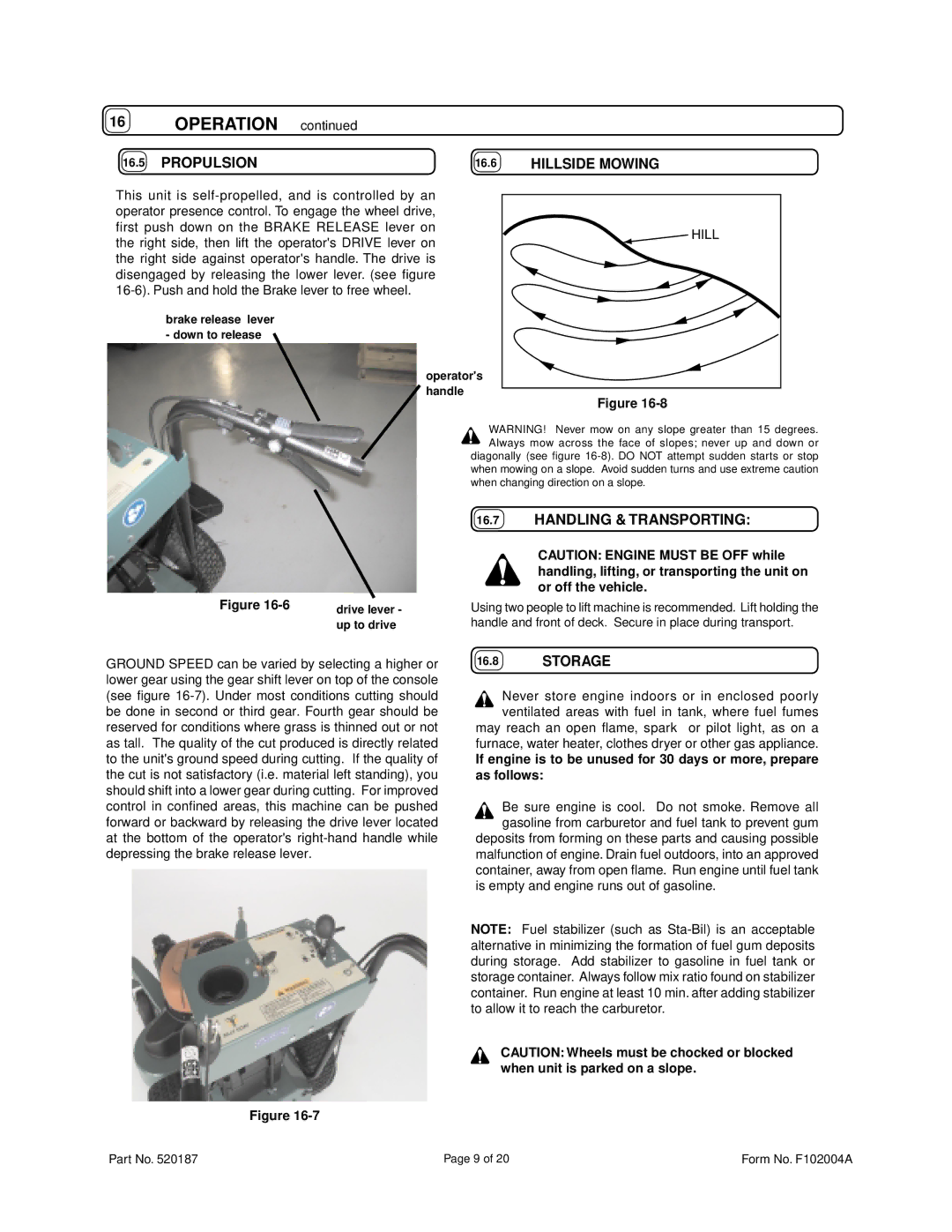 Billy Goat FM3301E owner manual Propulsion, Handling & Transporting, Storage 