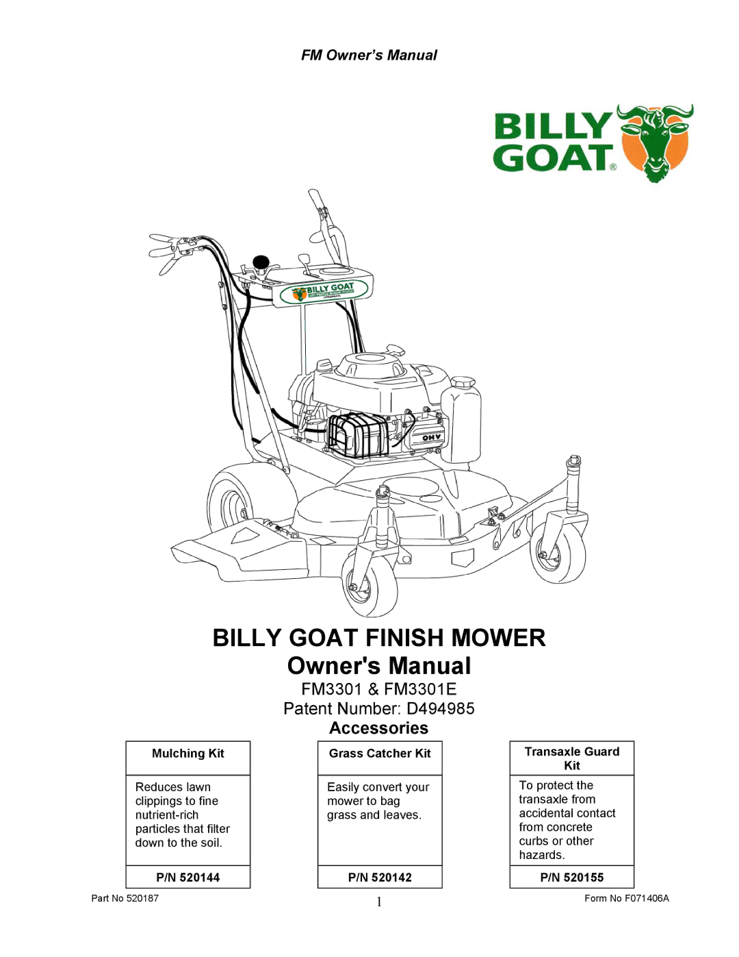 Billy Goat FM3301, FM3301E owner manual Billy Goat Finish Mower 