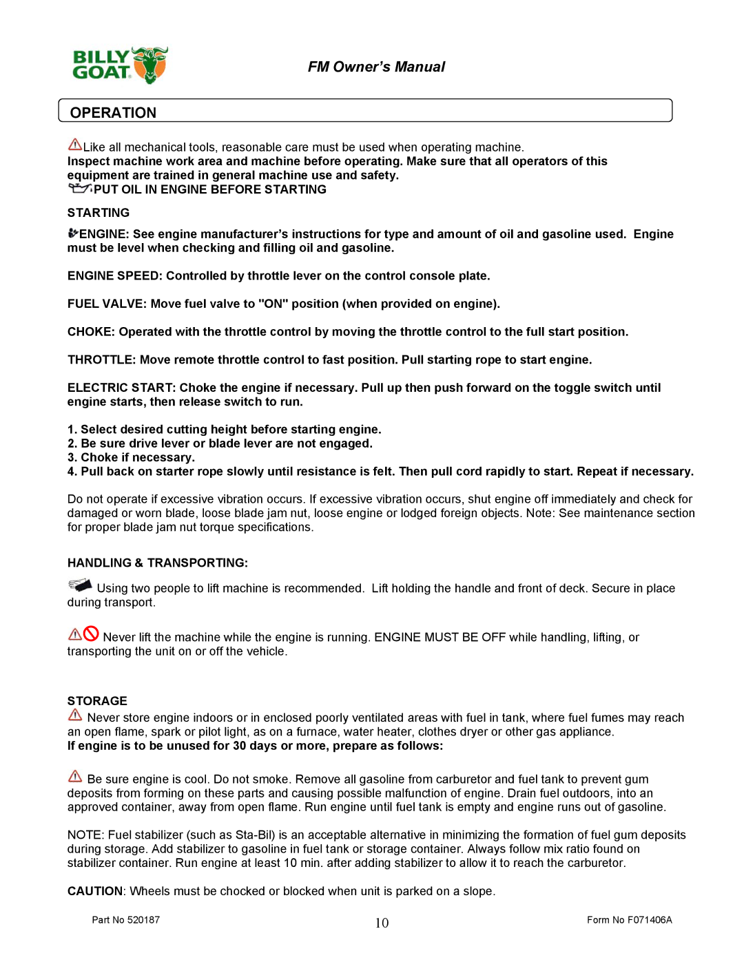 Billy Goat FM3301, FM3301E owner manual Operation, Handling & Transporting, Storage 