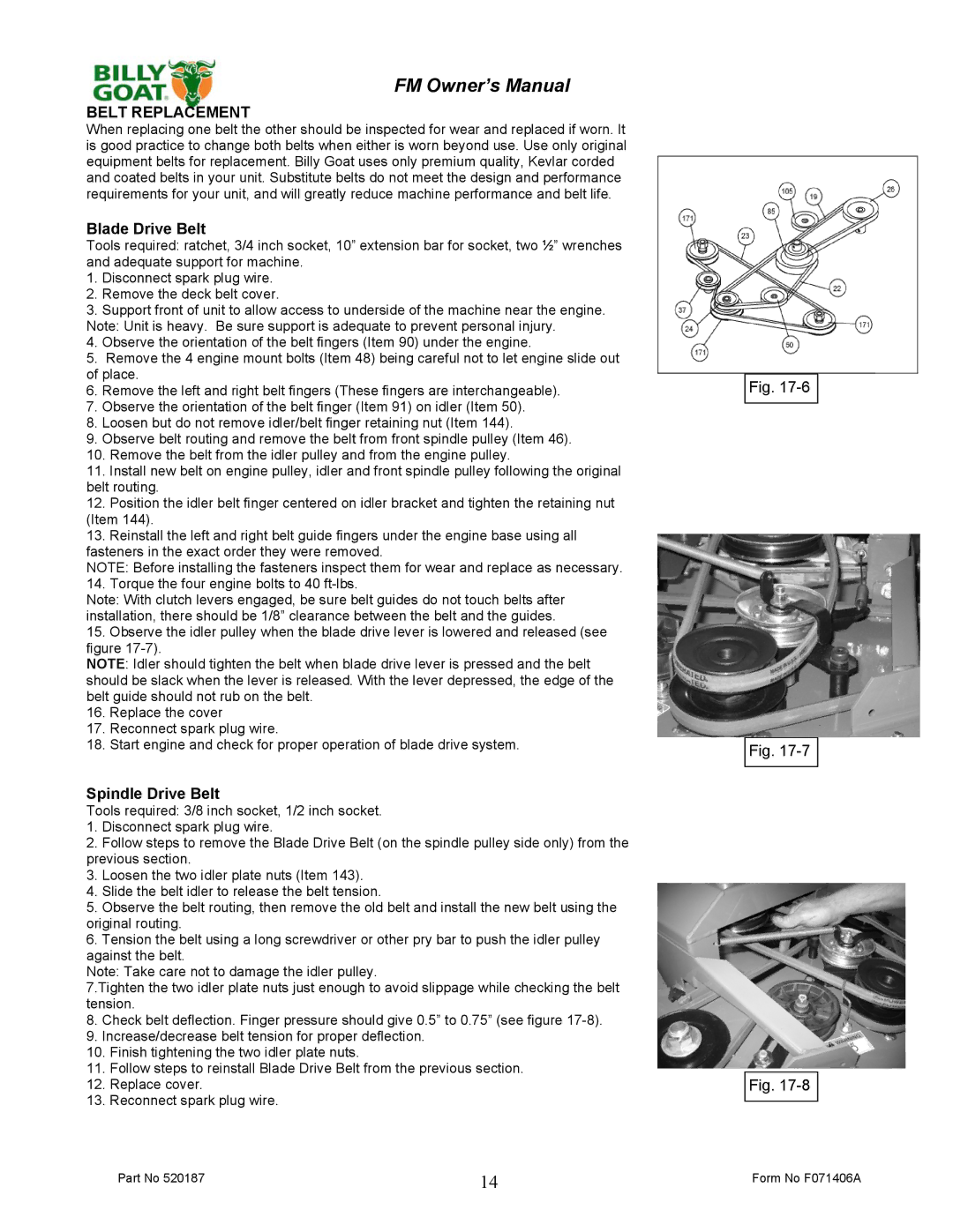 Billy Goat FM3301, FM3301E owner manual Belt Replacement, Blade Drive Belt 