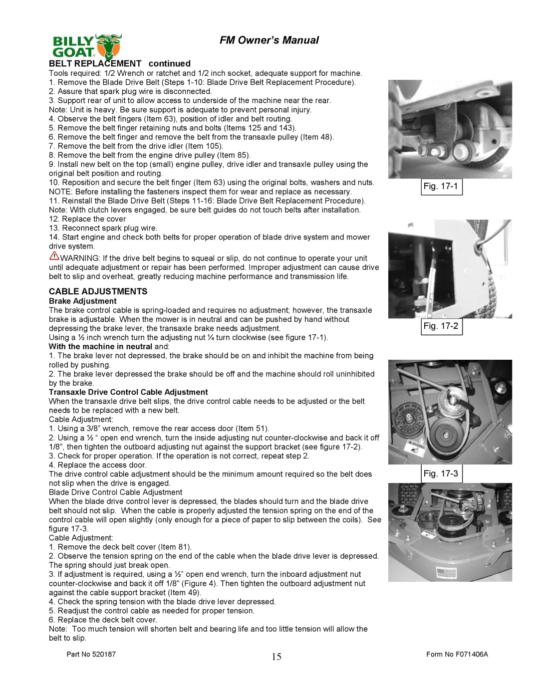 Billy Goat FM3301, FM3301E owner manual Belt Replacement, Cable Adjustments 