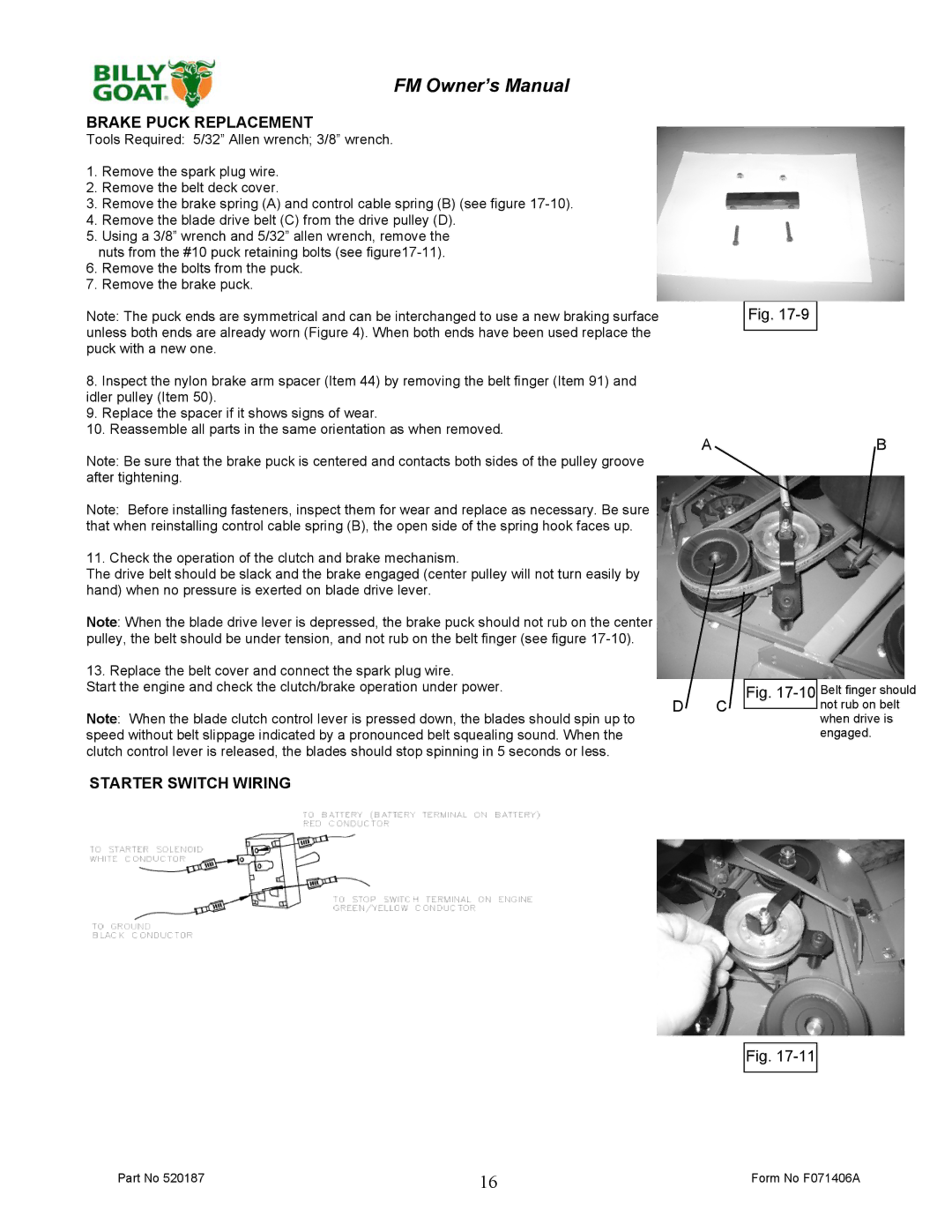 Billy Goat FM3301, FM3301E owner manual Brake Puck Replacement, Starter Switch Wiring 