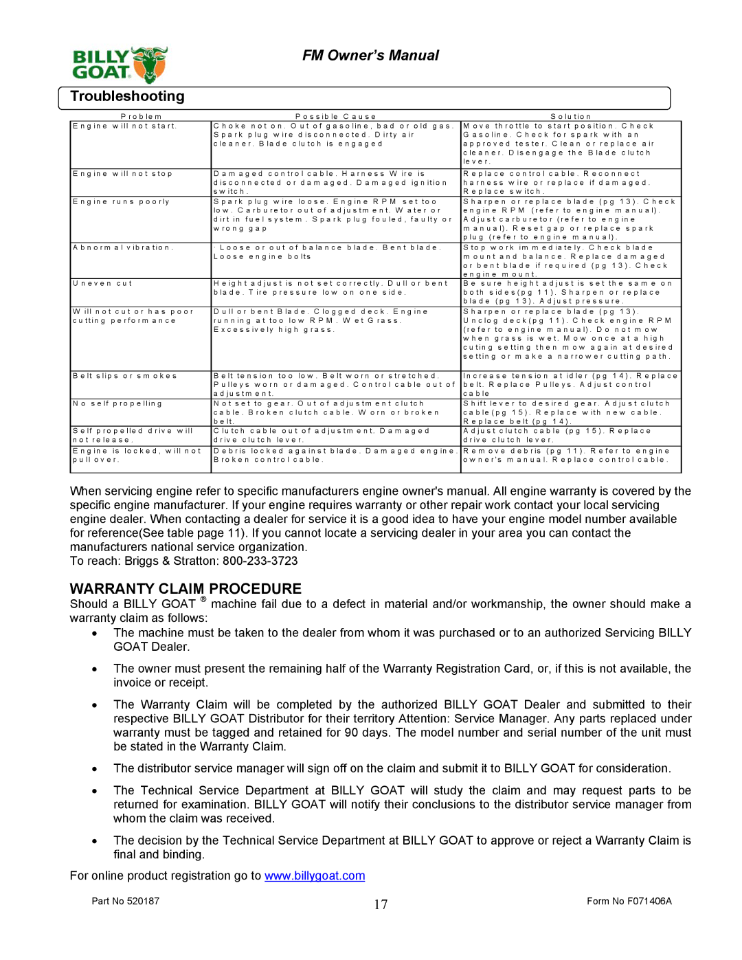 Billy Goat FM3301, FM3301E owner manual Troubleshooting, Warranty Claim Procedure 