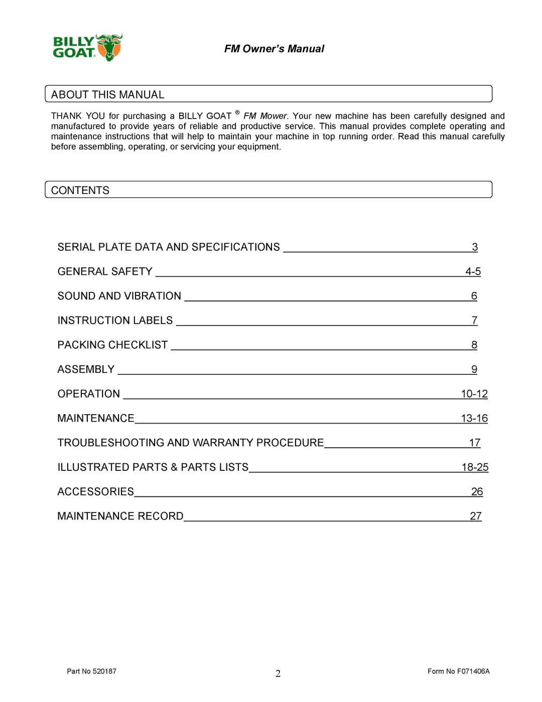 Billy Goat FM3301, FM3301E owner manual About this Manual, Contents 