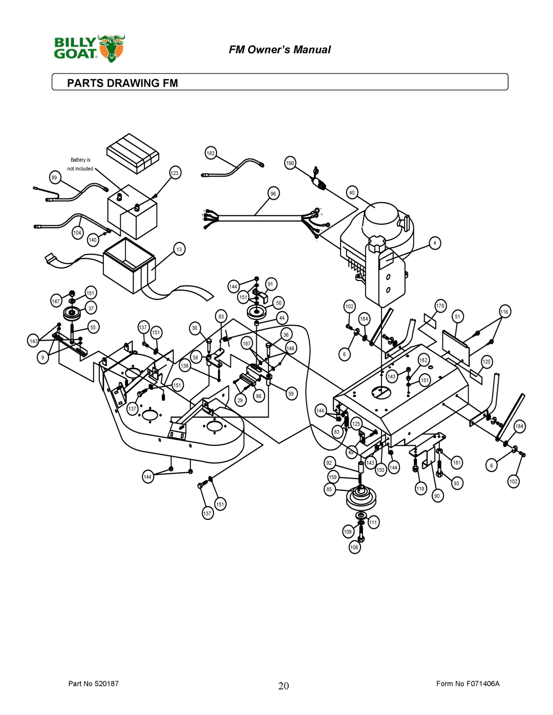 Billy Goat FM3301, FM3301E owner manual Battery is 183 190 Not included 123 