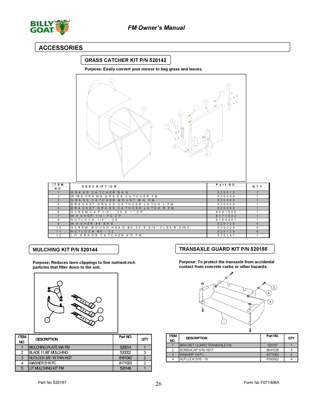 Billy Goat FM3301, FM3301E owner manual Accessories, Grass Catcher KIT P/N, Mulching KIT P/N, Transaxle Guard KIT P/N 